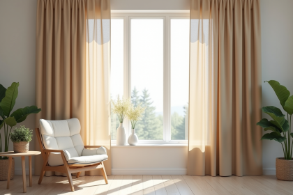 Salon moderne avec rideau beige de 60x140 cm et plantes décoratives
