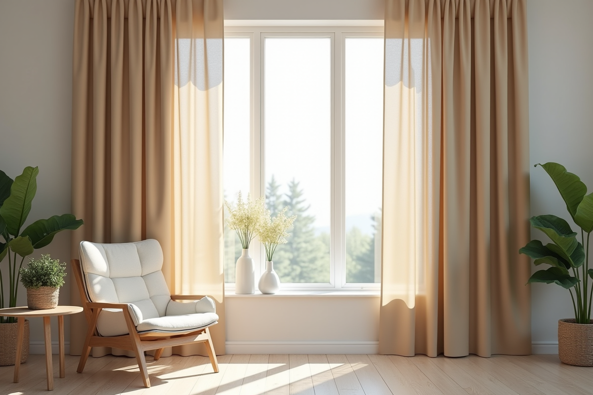 Salon moderne avec rideau beige de 60x140 cm et plantes décoratives