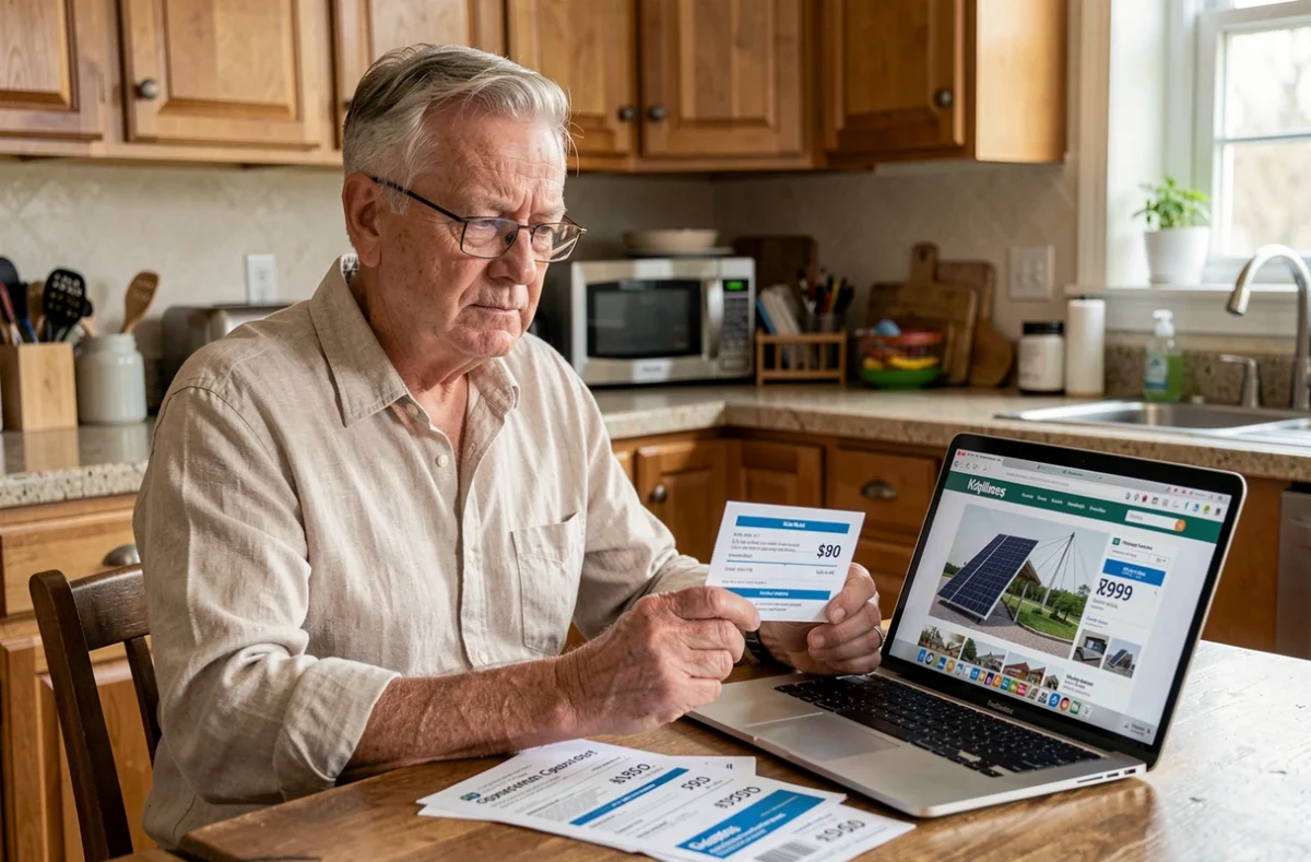 Homme senior comparant des offres de panneaux solaires en ligne à domicile avec devis imprimés