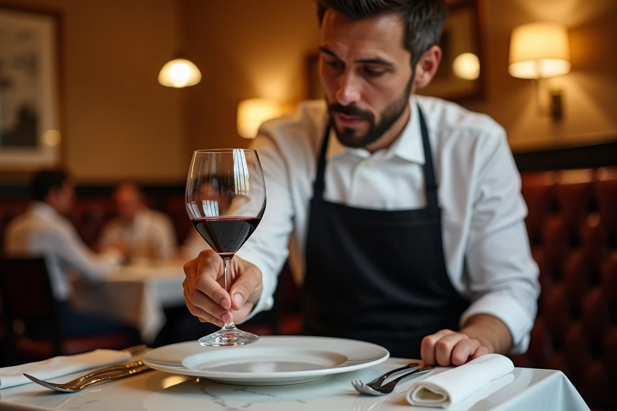 Sommelier plaçant un verre à vin rouge en cristal à droite d'une assiette dans un restaurant gastronomique français