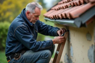 Homme d'âge moyen soudant une gouttière en zinc sur un toit traditionnel