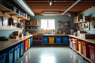 Sous-sol organisé avec étagères et outils visibles