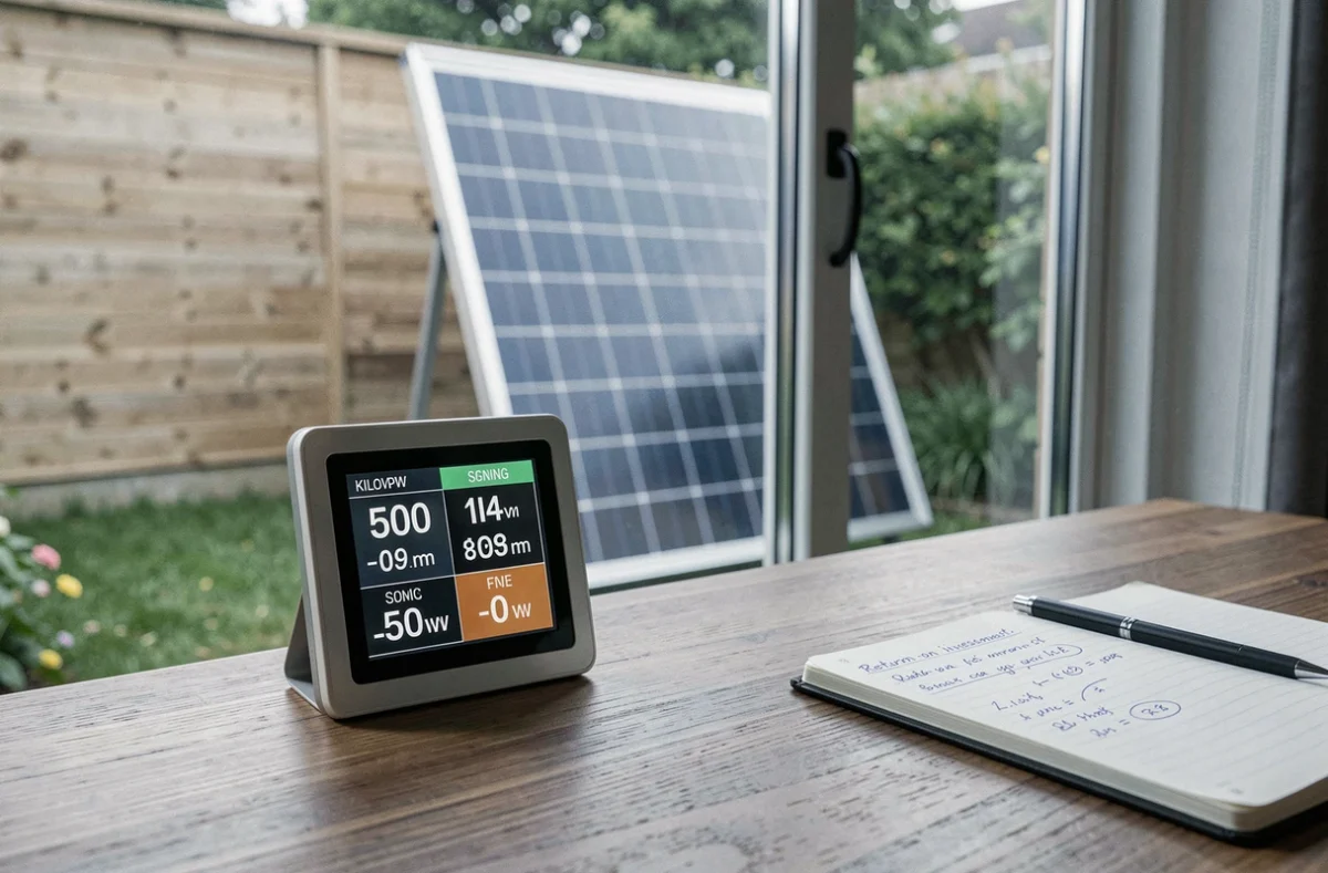 Écran de suivi de production d'énergie solaire posé sur un bureau avec panneau solaire 500W plug and play visible en arrière-plan