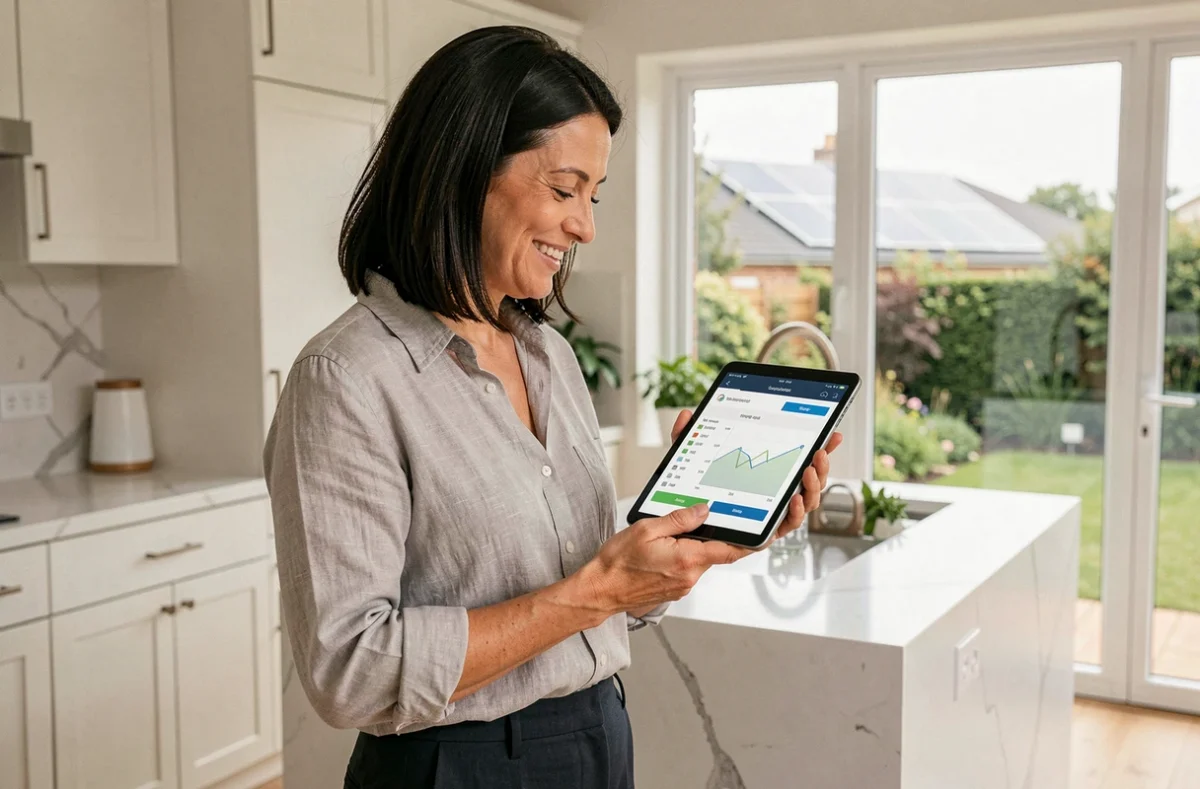 Femme consultant un tableau de bord de production solaire sur tablette dans une cuisine moderne, panneaux solaires visibles en arrière-plan