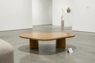 Table basse Capron en céramique exposée dans une galerie d'art avec étiquette de prix visible sur sol en béton poli