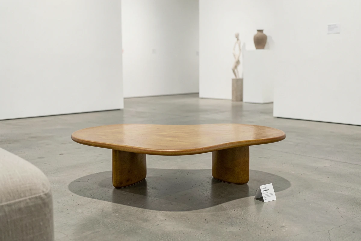 Table basse Capron en céramique exposée dans une galerie d'art avec étiquette de prix visible sur sol en béton poli