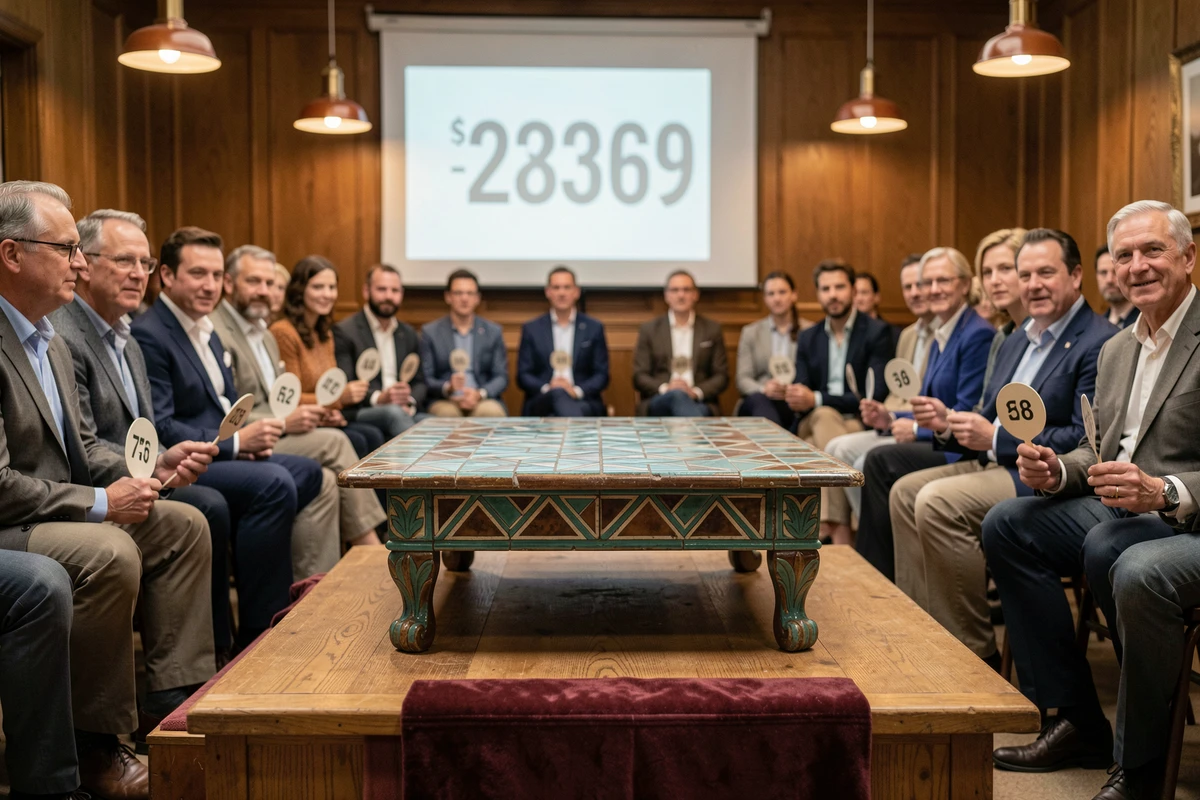Table basse en céramique style Capron sur un podium lors d'une vente aux enchères avec des acheteurs tenant des palettes numérotées