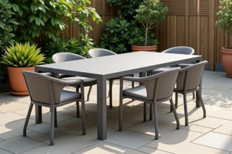 Table en résine moderne grise avec chaises assorties sur une terrasse en pierre naturelle entourée de végétation verte