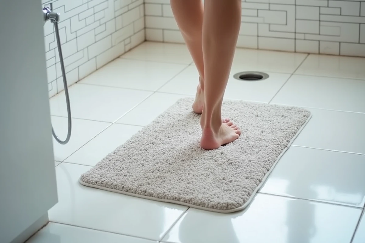 Tapis de bain en diatomite gris posé sur un sol en céramique blanche avec des pieds adultes dessus