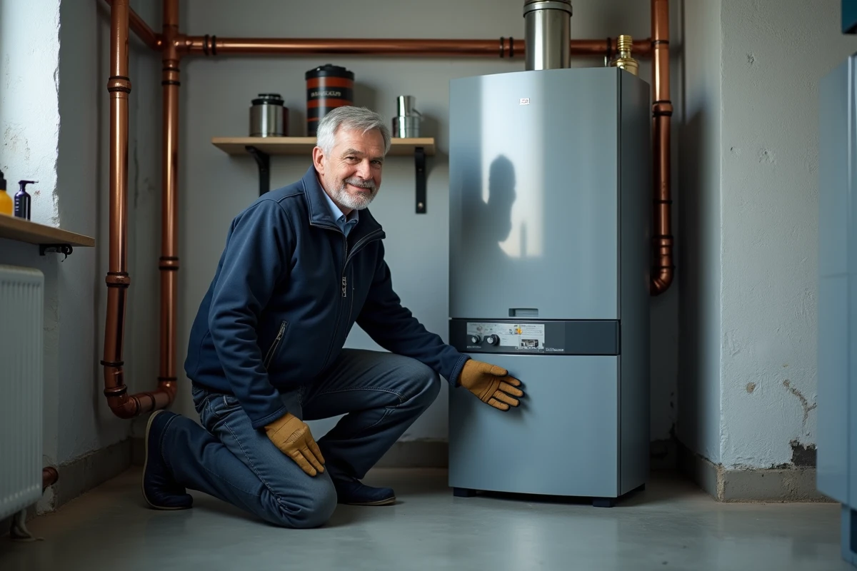 Technicien inspectant une chaudière à condensation dans une chaufferie pour optimiser la consommation d'énergie