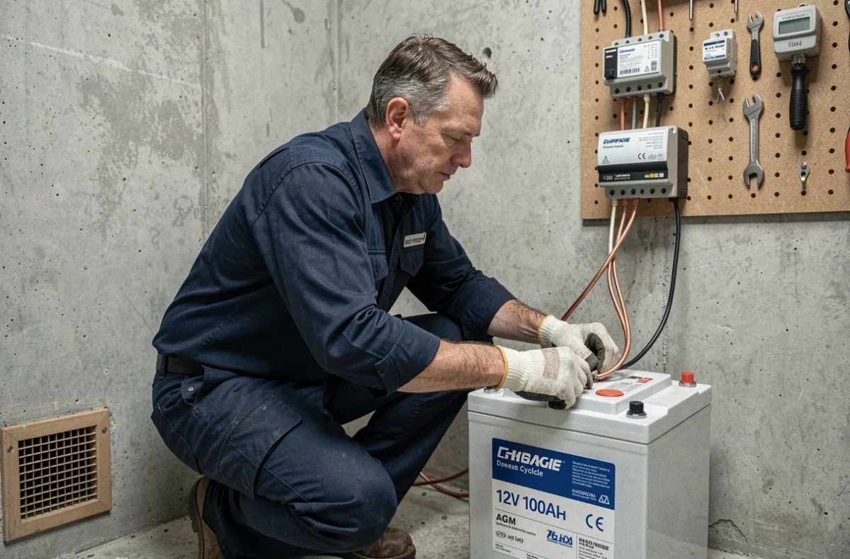 Technicien connectant une batterie 12V 100Ah à un régulateur de charge solaire dans une salle technique hors réseau