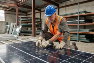 Technicien démontant un panneau solaire usagé dans un centre de recyclage industriel