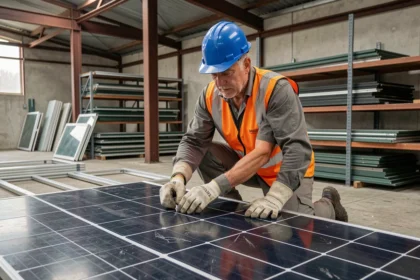 Technicien démontant un panneau solaire usagé dans un centre de recyclage industriel