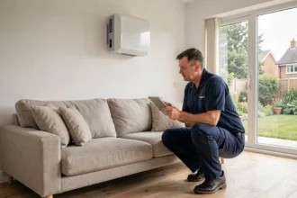Technicien inspectant un kit pompe à chaleur air-air installé dans un salon moderne