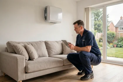 Technicien inspectant un kit pompe à chaleur air-air installé dans un salon moderne
