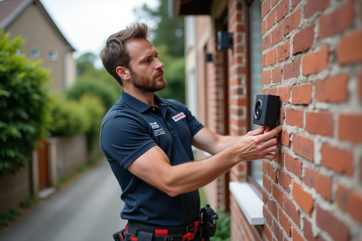 Technicien installant une caméra de surveillance extérieure Homiris sur la façade d'une maison française
