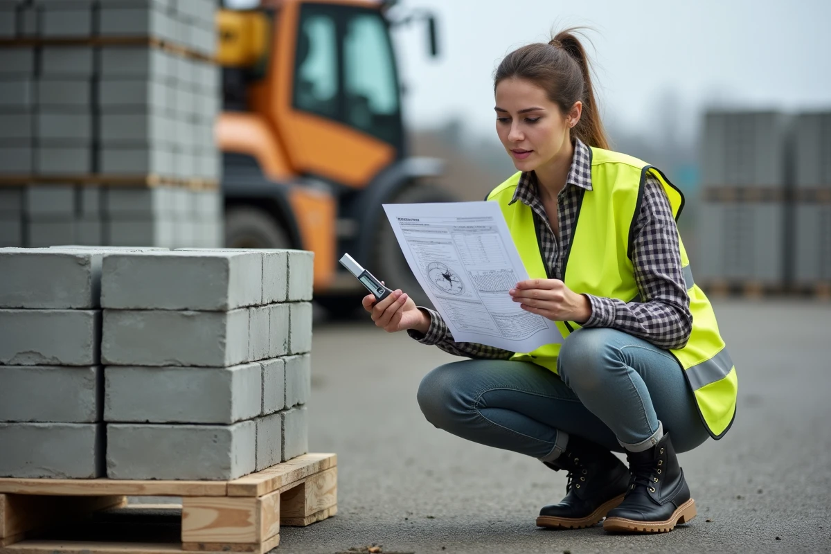 Femme technicienne vérifiant les dimensions d'un parpaing avec un pied à coulisse dans un dépôt de matériaux de construction