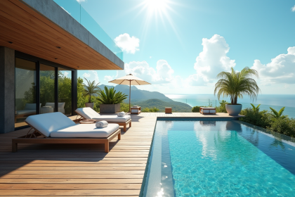 Terrasse en bois avec mobilier extérieur et piscine tropicale
