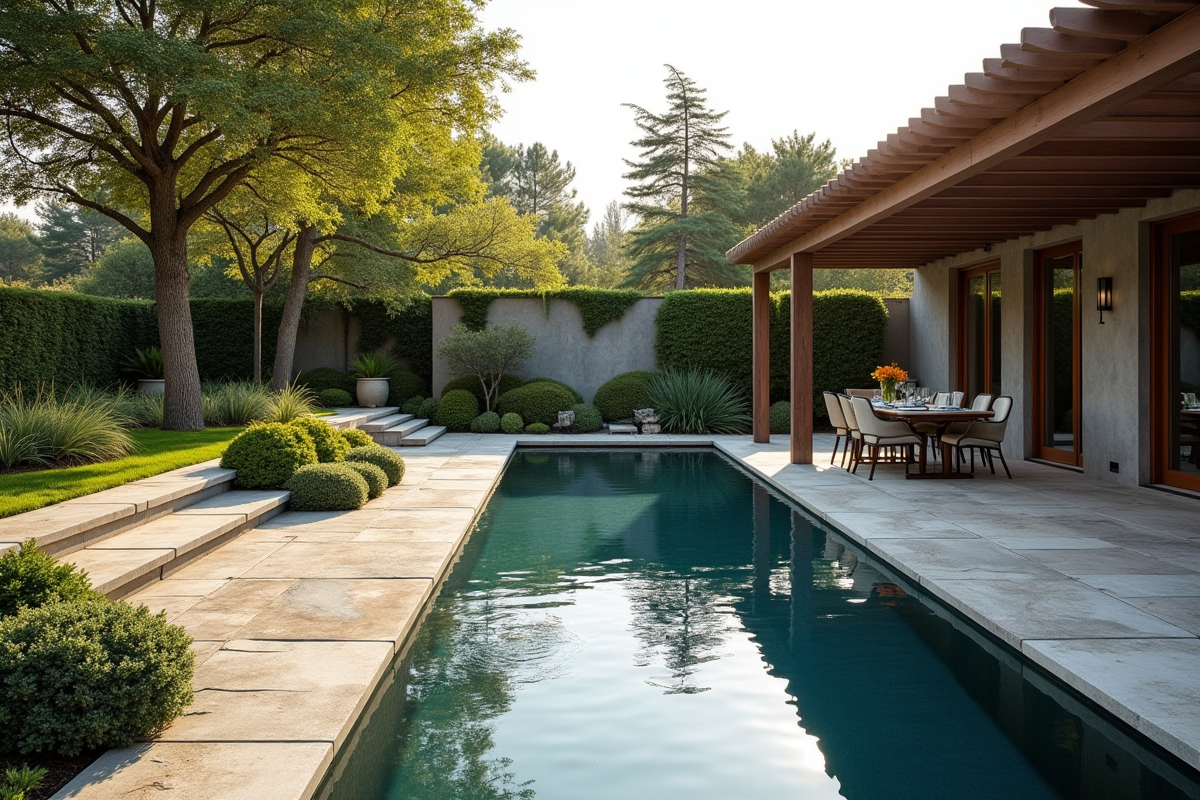 Terrasse en pierre avec piscine naturelle et espace repas extérieur