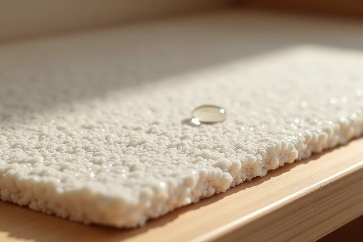 Gros plan sur la texture poreuse d'un tapis en diatomite avec une goutte d'eau en cours d'absorption