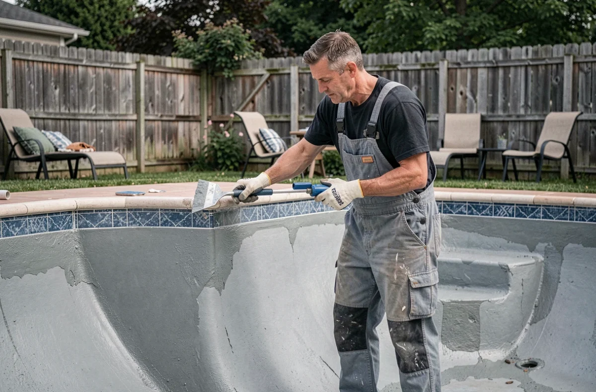 Technicien TMD appliquant un revêtement imperméable lors de la rénovation d'une piscine