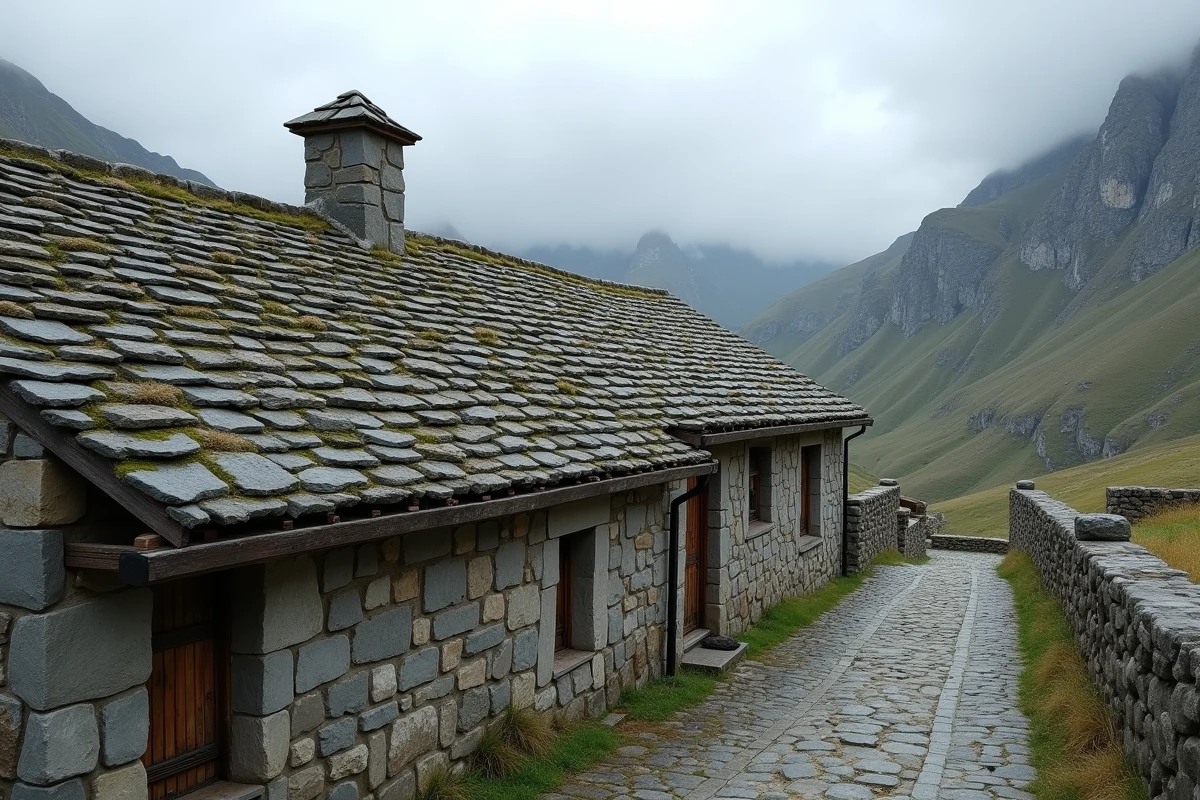 Toiture en lauze sur maison en pierre dans un village de montagne sous ciel nuageux