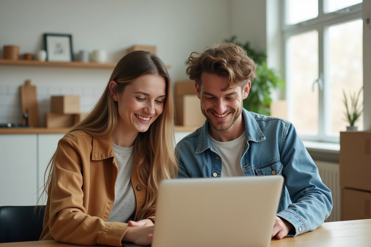 Couple cherchant des cartons gratuits sur internet via une annonce en ligne avant un déménagement