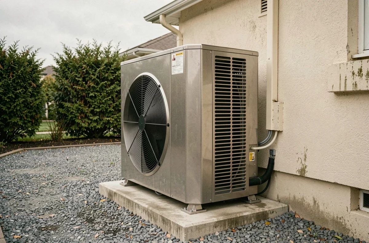 Unité extérieure d'un kit pompe à chaleur air-air installée contre une maison pavillonnaire