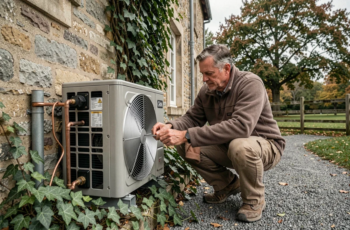 Technicien inspectant l'unité extérieure d'une pompe à chaleur basse température installée sur une maison de campagne en pierre