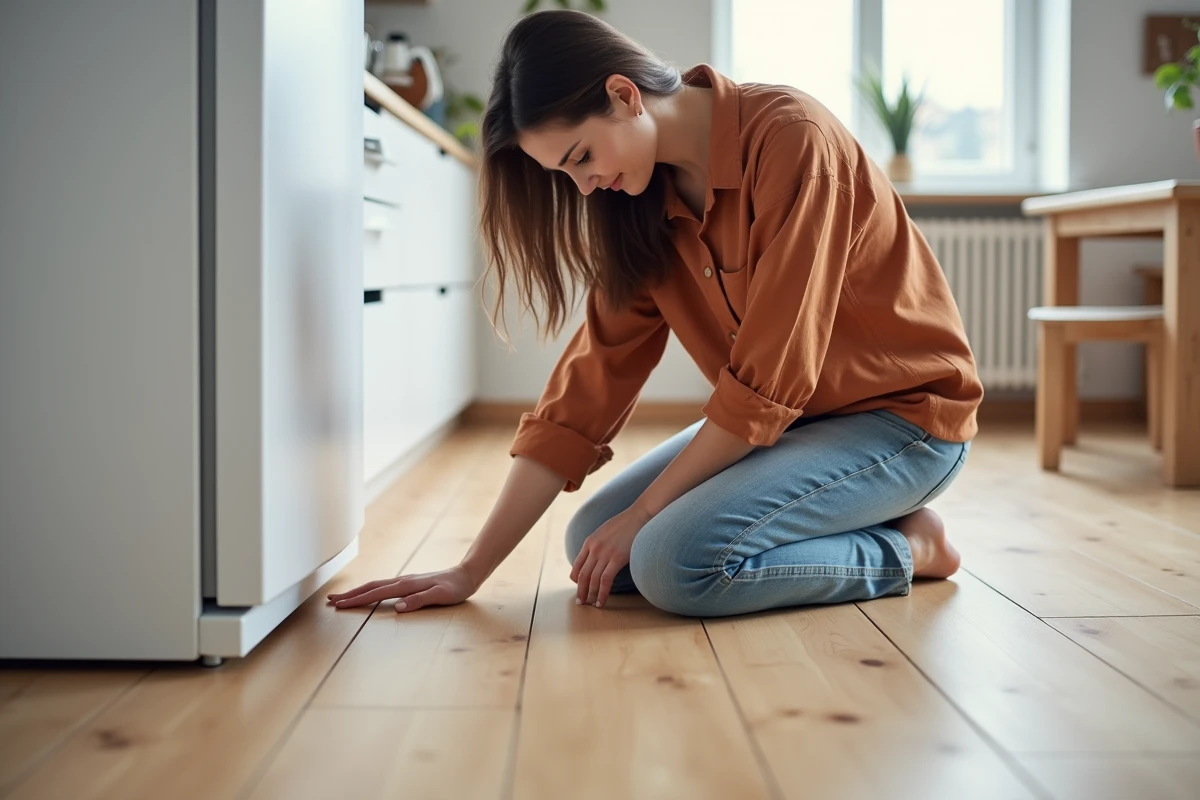 Femme inspectant la solidité du parquet sous un réfrigérateur encastré dans un espace de vie moderne