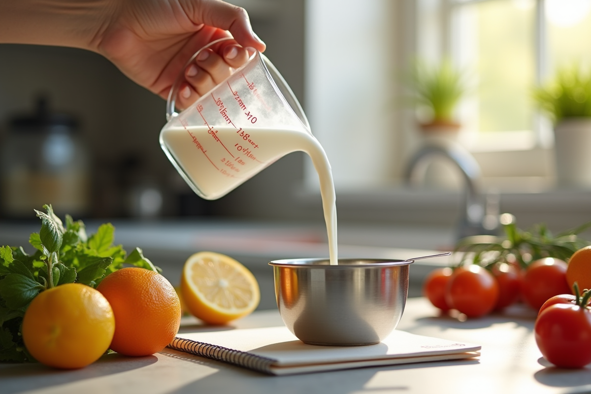 Main versant du lait dans un bol inox avec ingrédients frais
