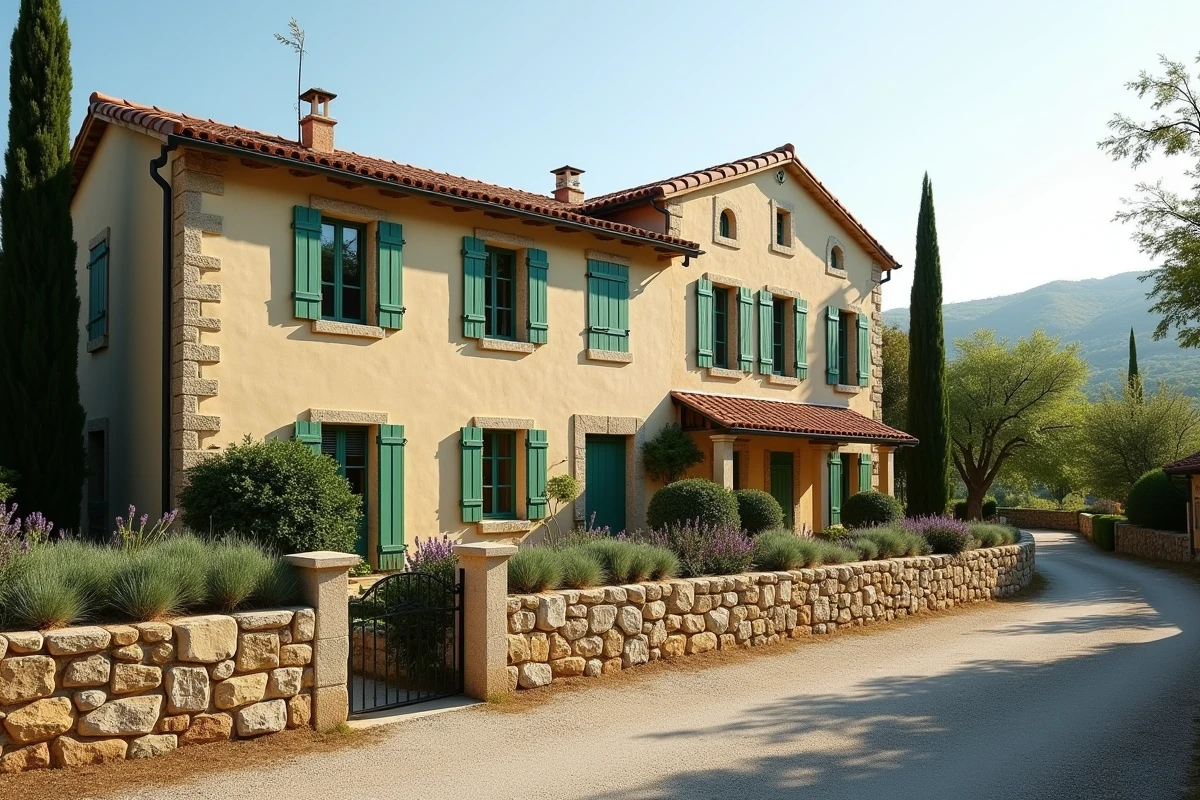 Villa provençale avec façade en pierre, volets verts et toiture en tuiles, typique du patrimoine immobilier français