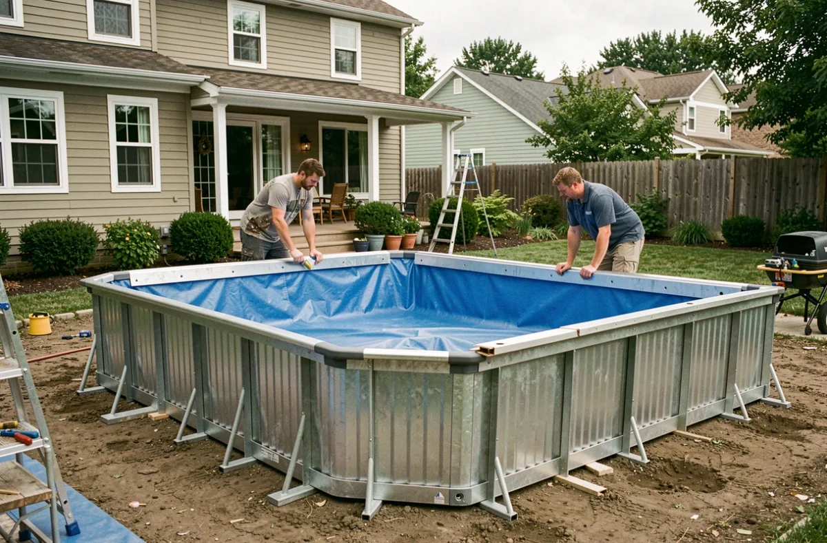 Montage d'une piscine Waterair avec panneaux en acier galvanisé et liner bleu dans un jardin résidentiel