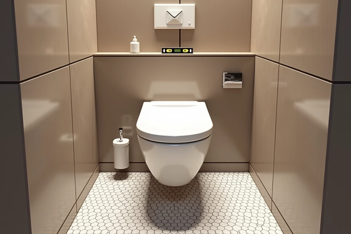 WC suspendu centré entre deux cloisons dans une salle de bain minimaliste carrelée avec niveau à bulle pour vérification de l'alignement